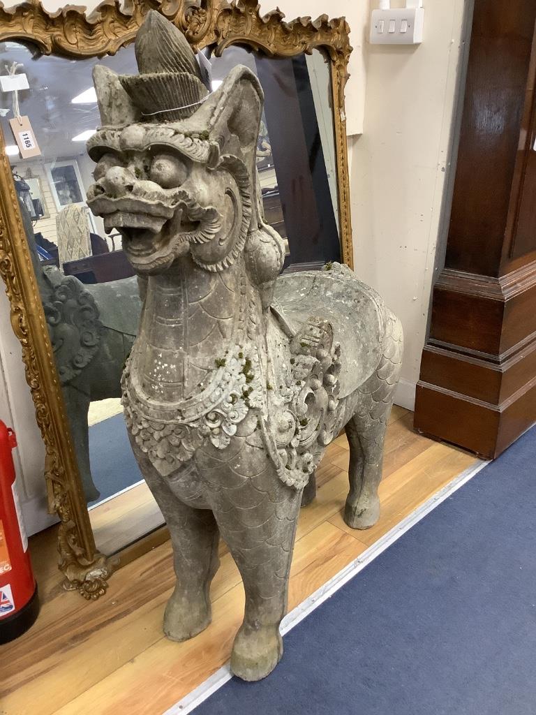 A faux carved marble temple dog, width 86cm, height 110cm